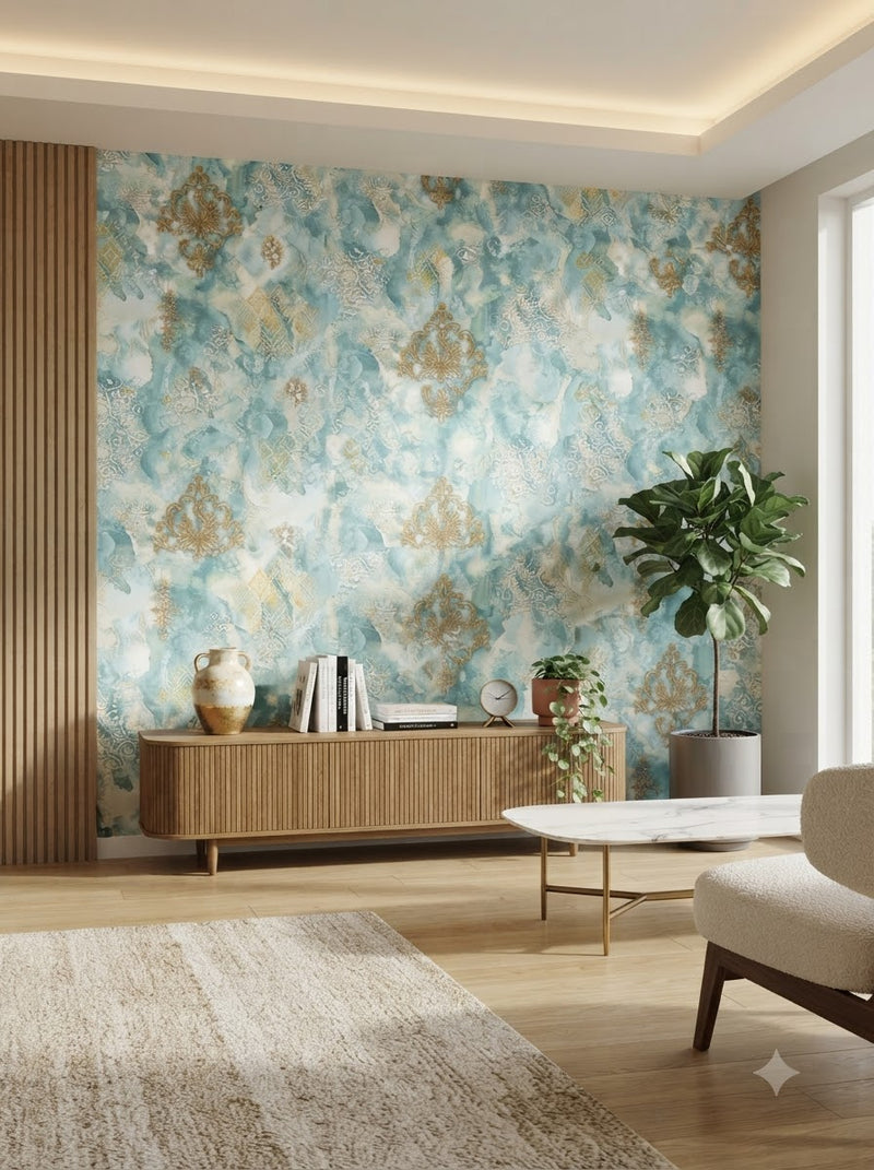 British palace theme elegant blue with golden design wallpaper 57sqft