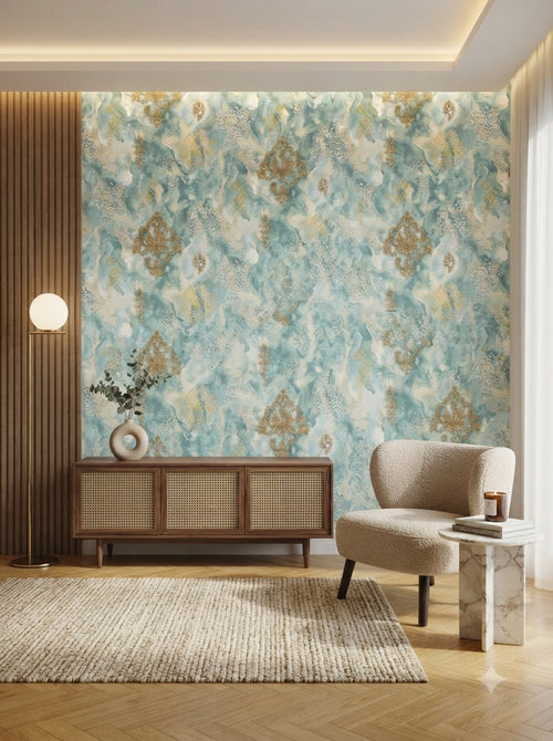 British palace theme elegant blue with golden design wallpaper 57sqft