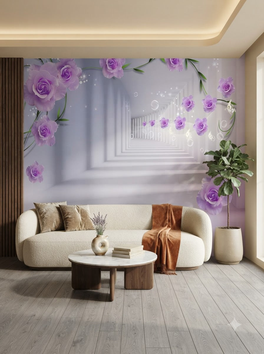 Customize Luxury 3D Purple Rose Tunnel Wallpaper ( pesting glue packet free inside )