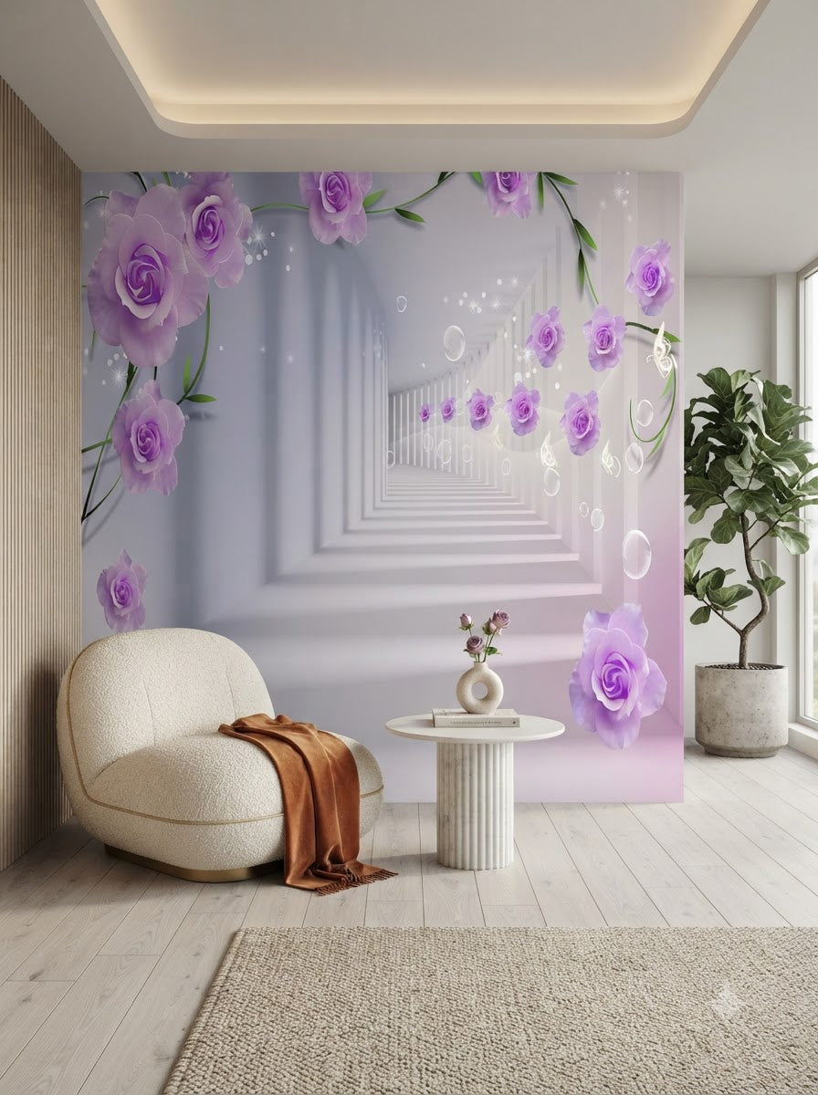 Customize Luxury 3D Purple Rose Tunnel Wallpaper ( pesting glue packet free inside )