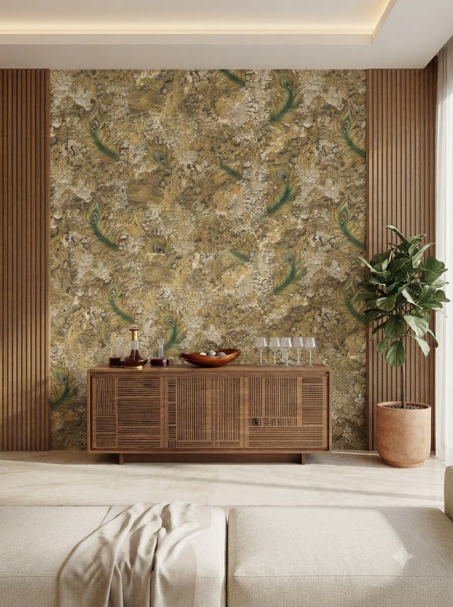 Luxury Peacock Feather Wallpaper –  57sqft ( sticking  glue packet free inside)