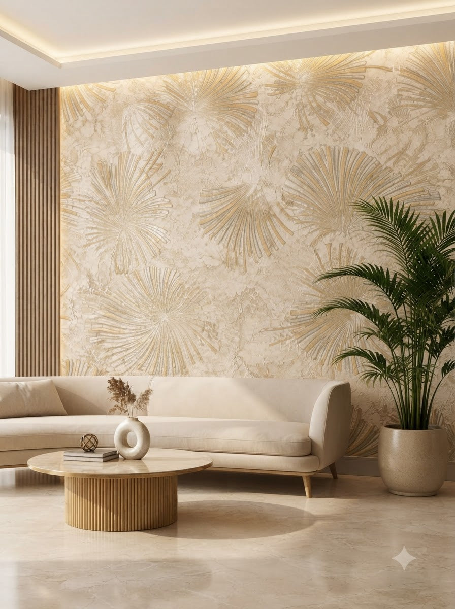 Luxury Golden Fan Leaf Wallpaper 57sqft ( sticking  glue packet free inside)