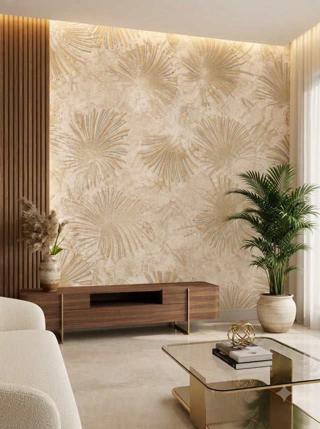 Luxury Golden Fan Leaf Wallpaper 57sqft ( sticking  glue packet free inside)