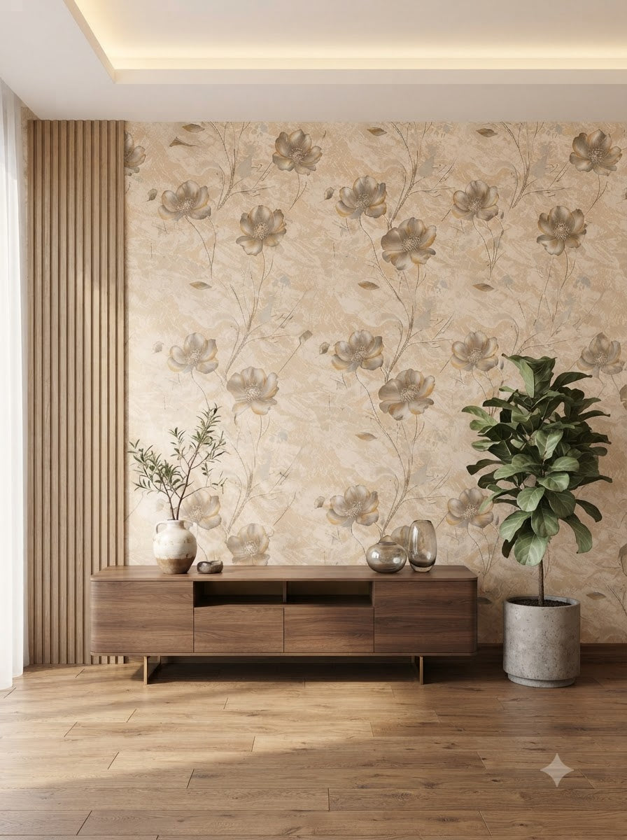Luxury Floral Beige Wallpaper 57sqft ( sticking  glue packet free inside)