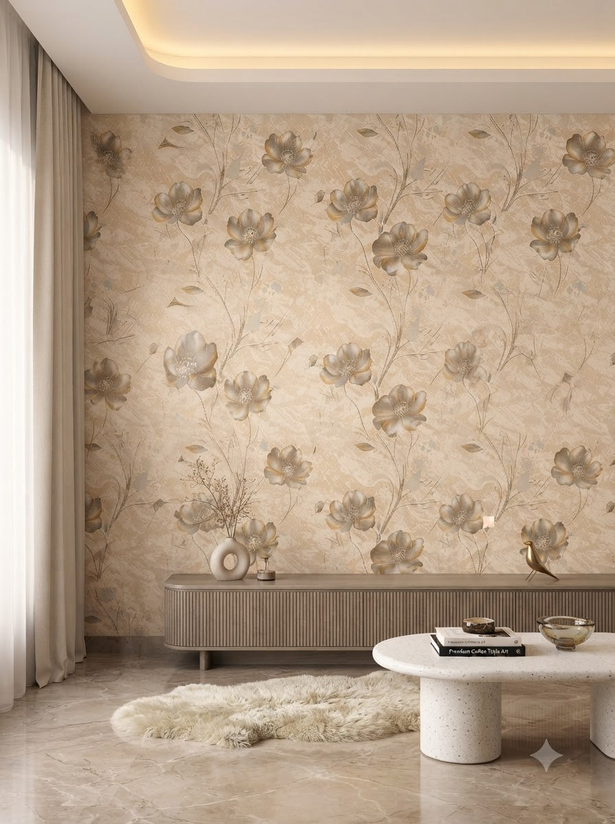 Luxury Floral Beige Wallpaper 57sqft ( sticking  glue packet free inside)