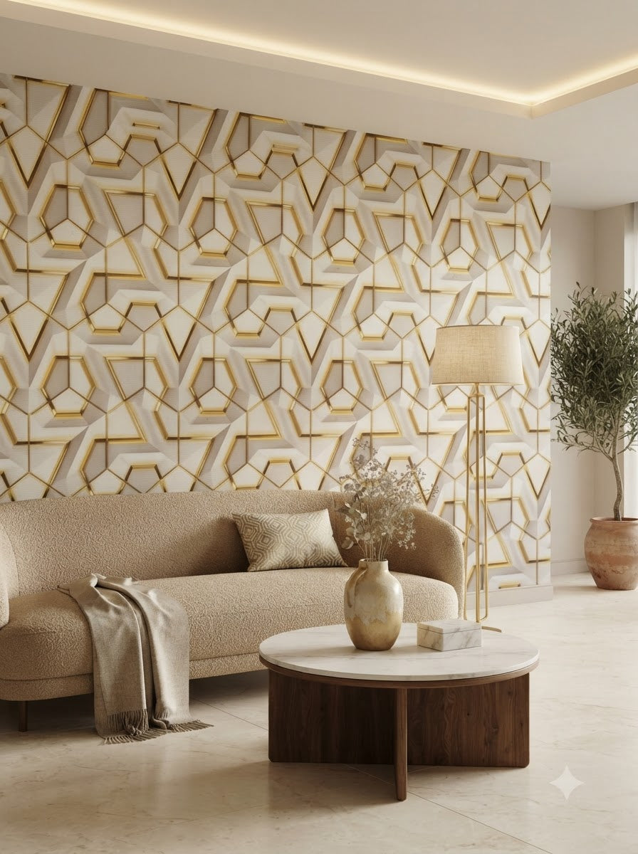 Luxury 3D Geometric Gold Wallpaper Description–  Self adhesive sticker wallpaper 45*5mtr(22sqft covering)