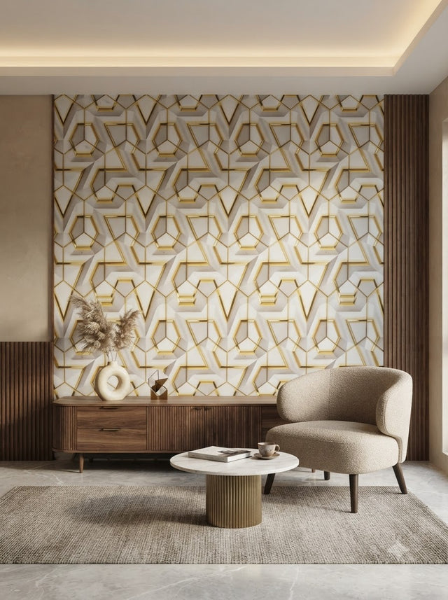 Luxury 3D Geometric Gold Wallpaper Description–  Self adhesive sticker wallpaper 45*5mtr(22sqft covering)