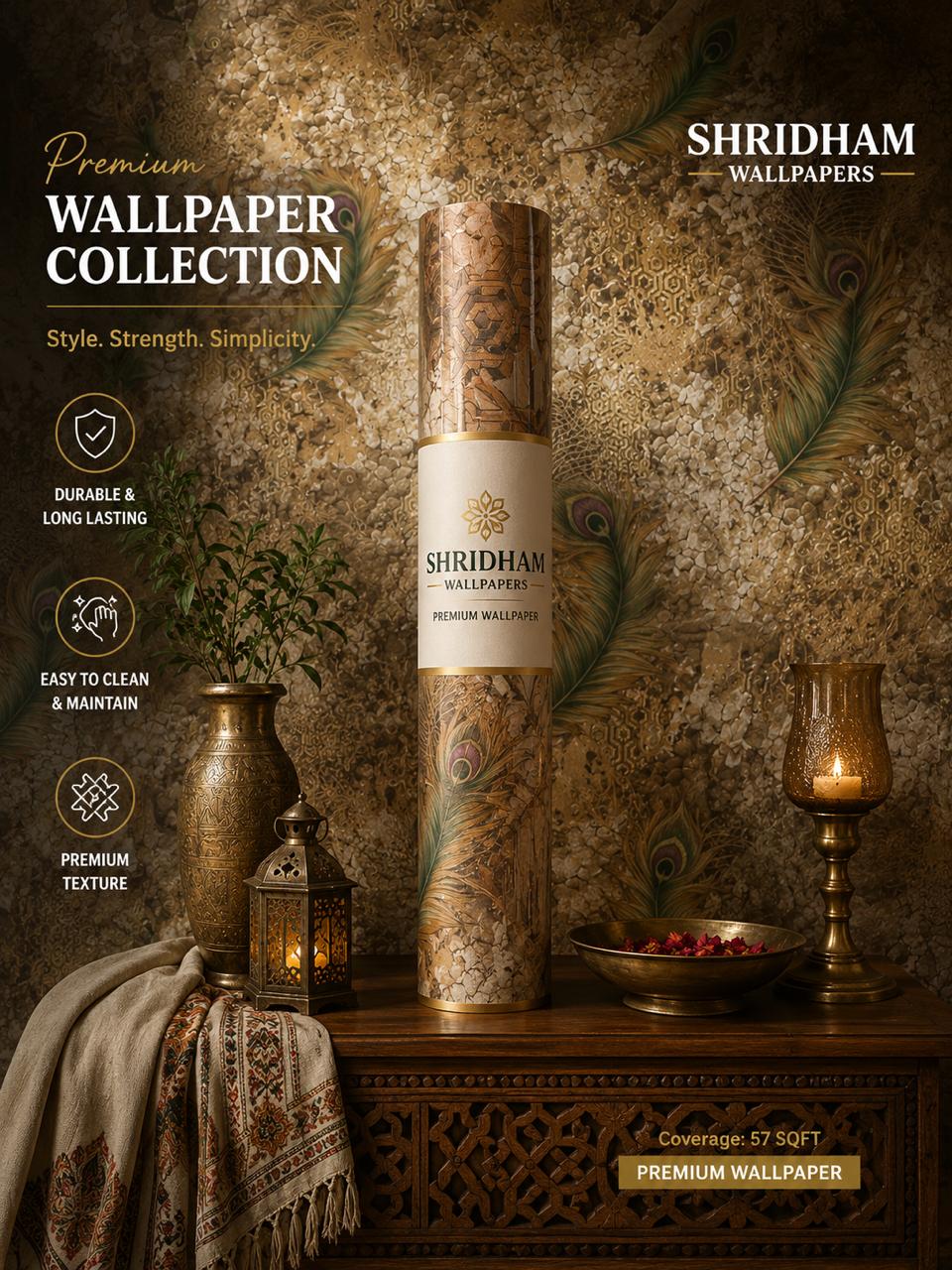 Luxury Peacock Feather Wallpaper –  57sqft ( sticking  glue packet free inside)