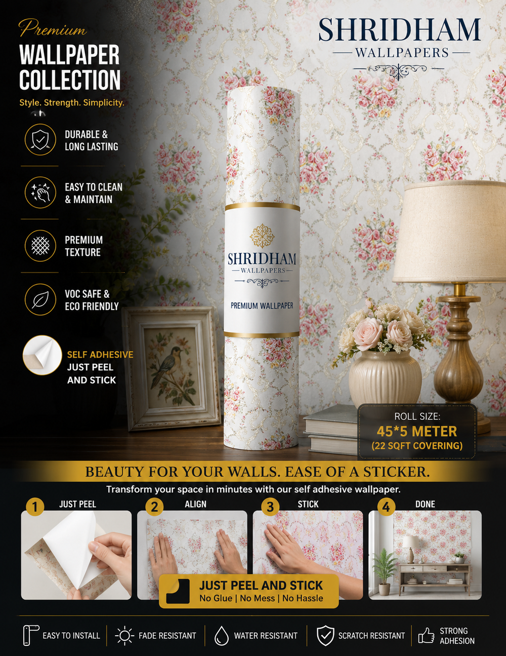 Elegant Floral Vintage Wallpaper –  Self adhesive sticker wallpaper 45*5mtr(22sqft covering)