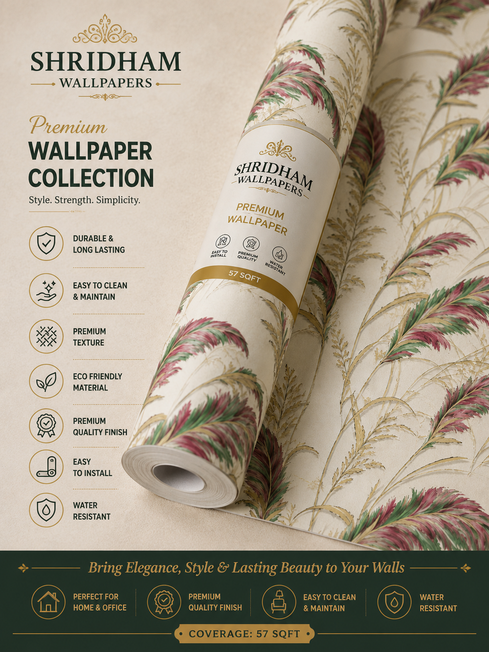 Premium Tropical Feather Botanical Wallpaper 57sqft ( sticking  glue packet free inside)