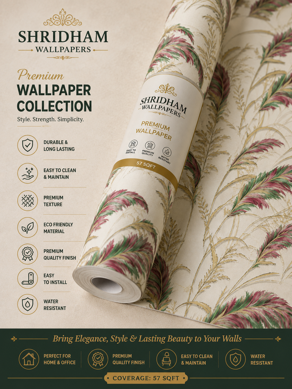 Premium Tropical Feather Botanical Wallpaper 57sqft ( sticking  glue packet free inside)