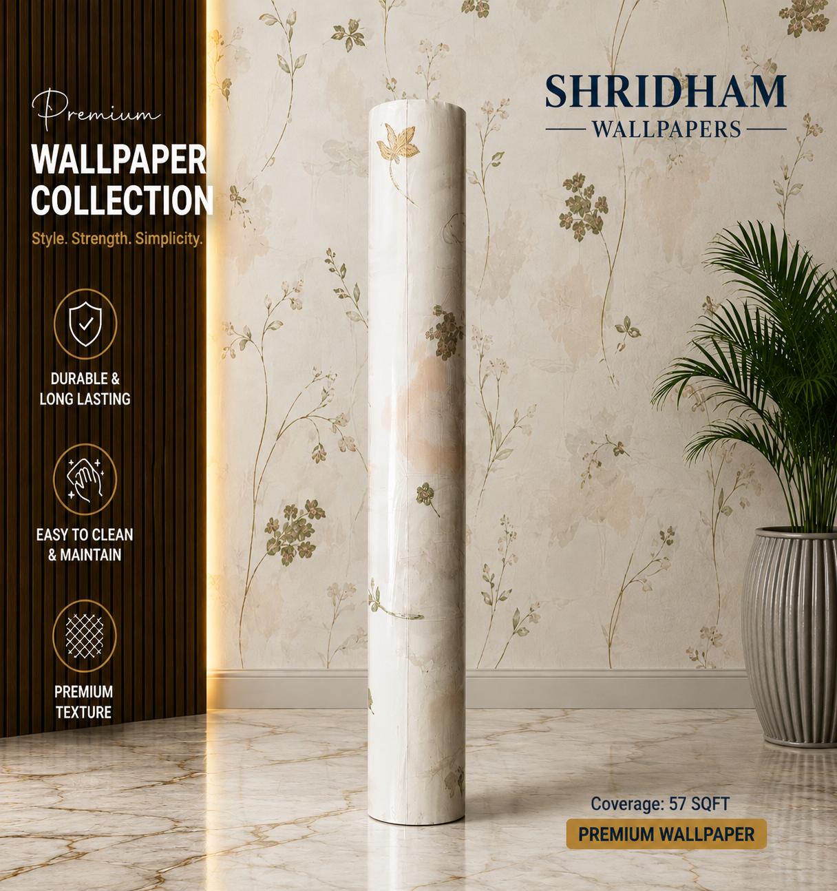 Wallpaper with floral design 57 sqft roll with sticking glue packet