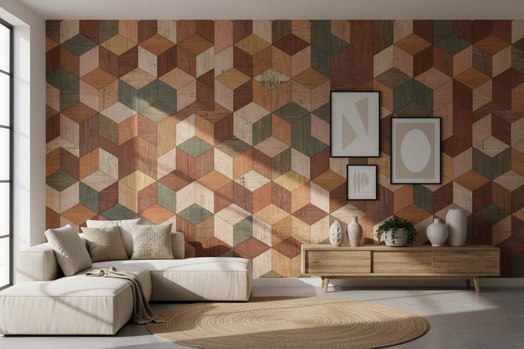 3D geometric wallpaper displayed on a living room wall