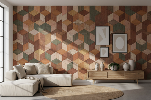 3D geometric wallpaper displayed on a living room wall