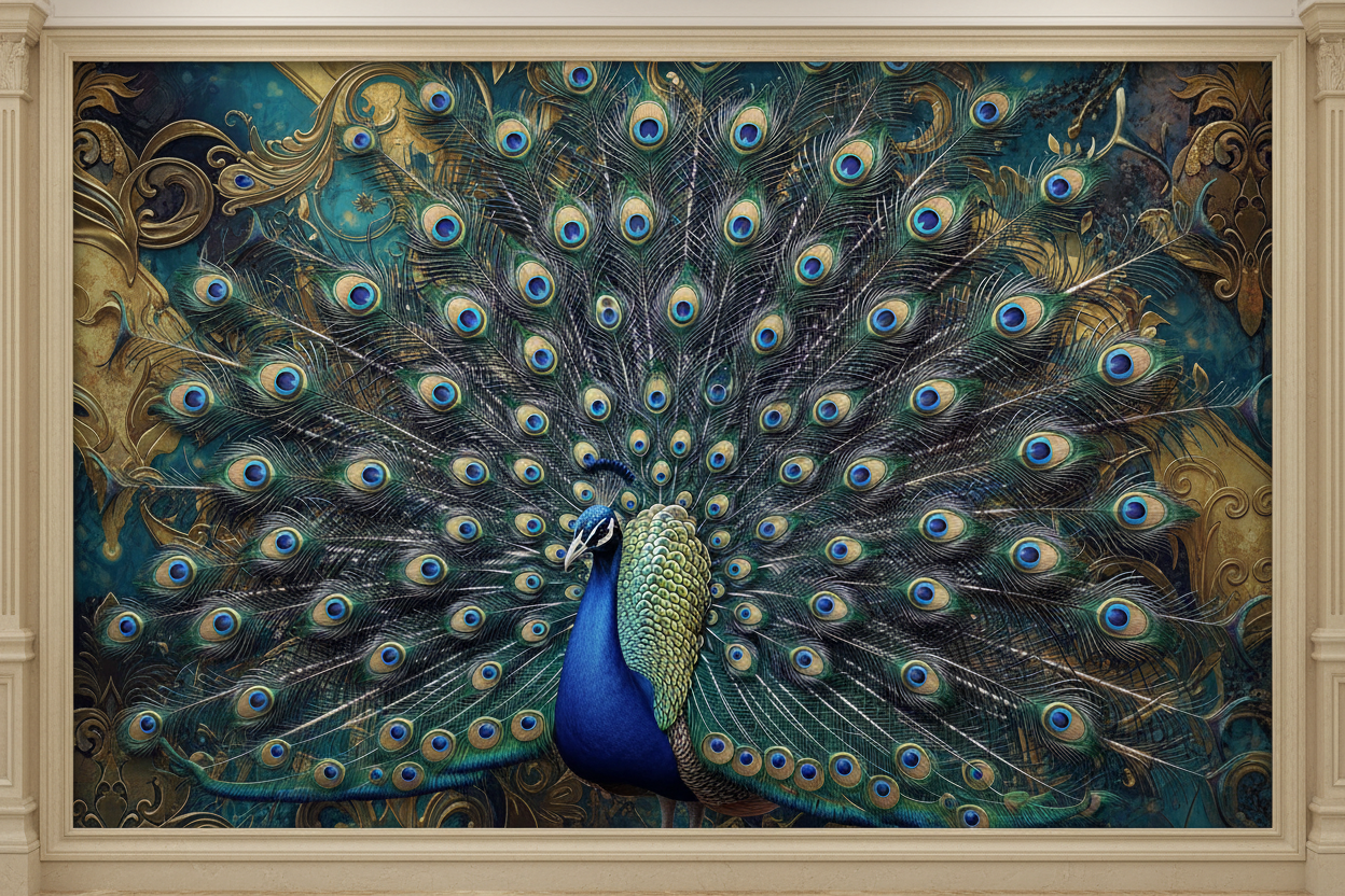 3D Peacock Theme Wallpaper Mural with vibrant jewel-toned feathers