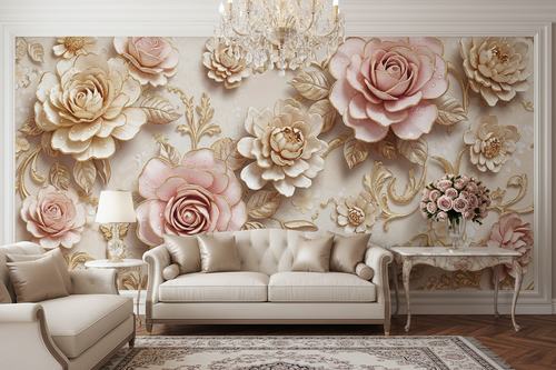 3D Floral Print Wallpaper Mural with blooming roses and peonies