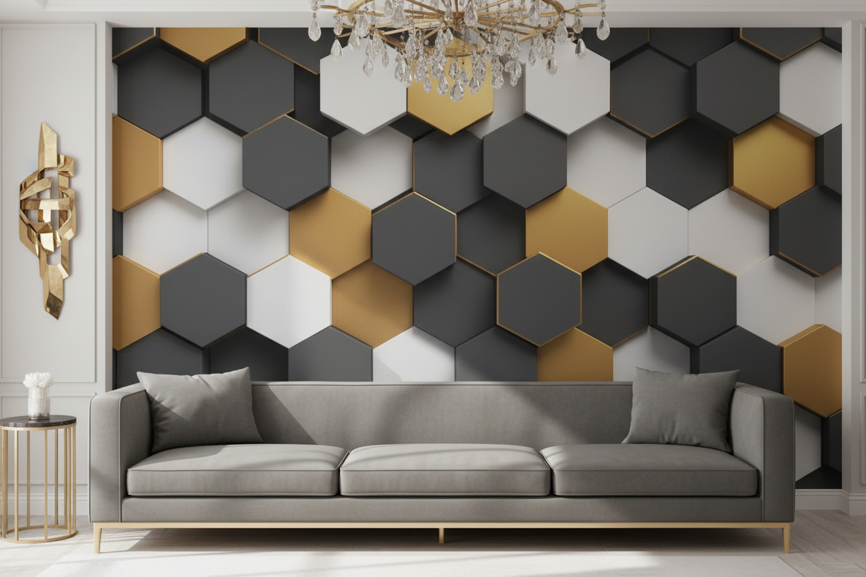 3D Geometric Wall Mural in charcoal, gold and white tones