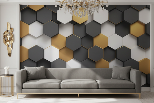 3D Geometric Wall Mural in charcoal, gold and white tones