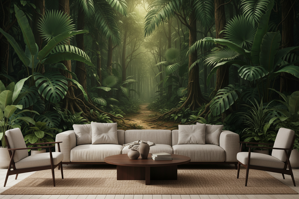 3D tropical jungle leaf wallpaper on a modern living room wall