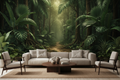 3D tropical jungle leaf wallpaper on a modern living room wall