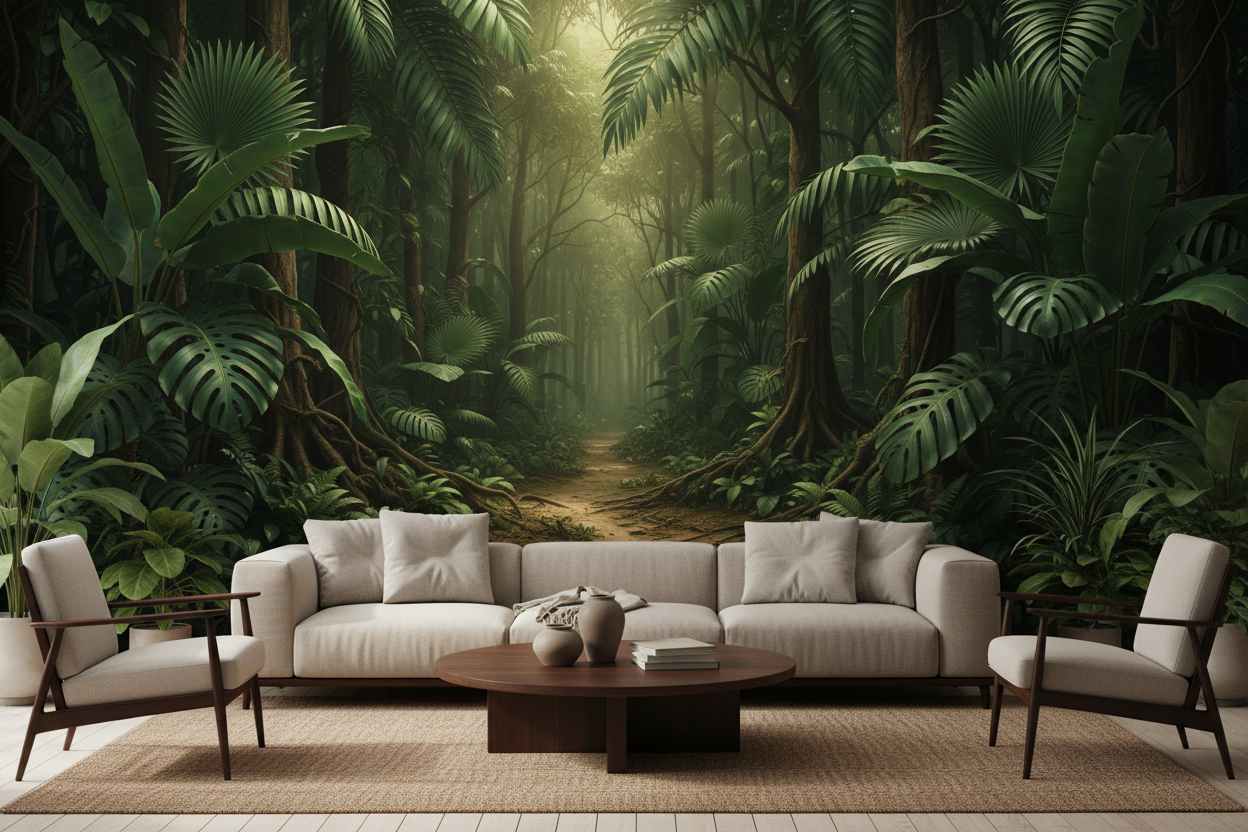 3D tropical jungle leaf wallpaper on a modern living room wall