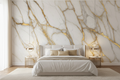 3D white and gold marble wallpaper on an elegant bedroom feature wall