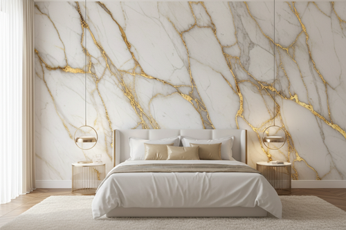 3D white and gold marble wallpaper on an elegant bedroom feature wall